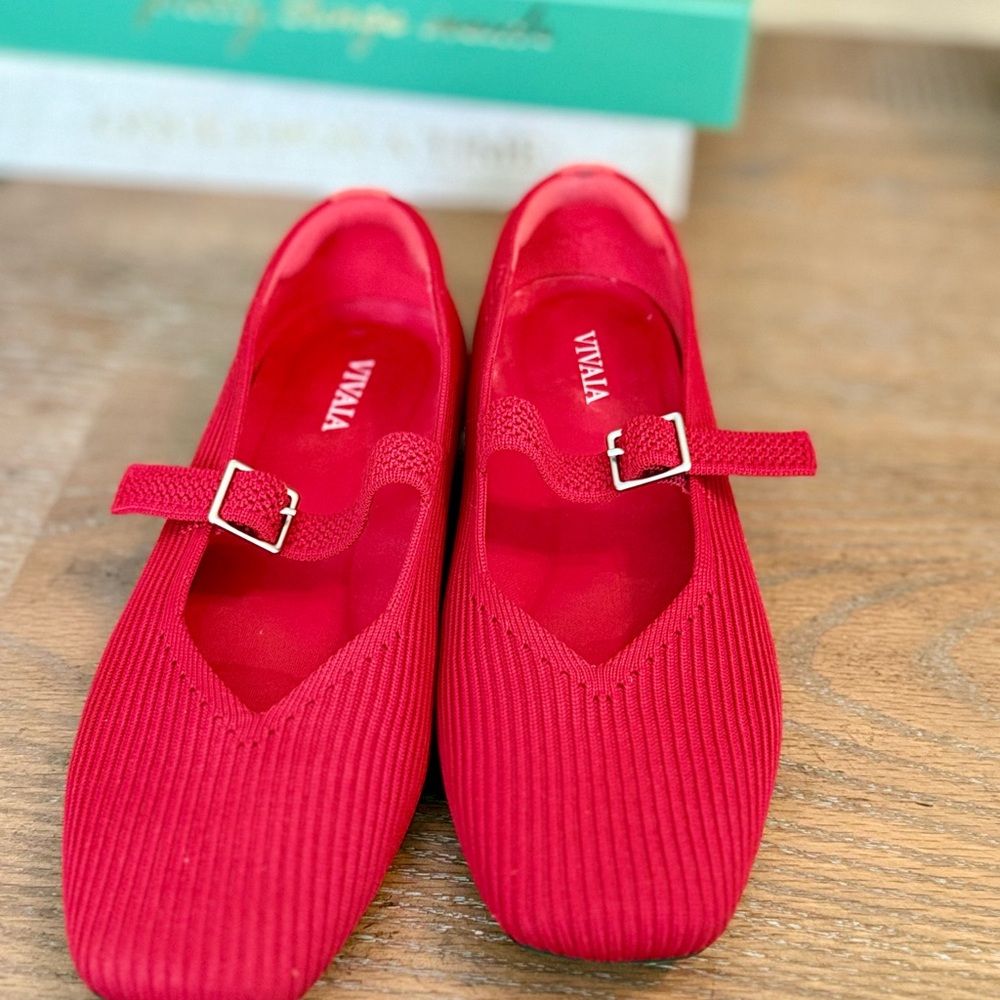 Red Ribbed Mary Jane Flats with Silver Buckle